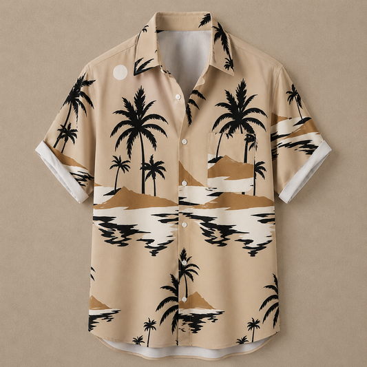 A beige short-sleeve button-up shirt with a tropical print of black palm trees, white water, and tan sand dunes, shown against a solid beige background.