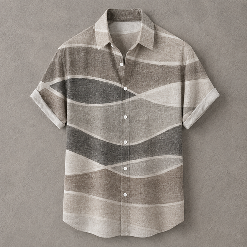 A short-sleeve button-up shirt with a wavy horizontal stripe pattern in shades of taupe, gray, and cream, displayed flat against a textured gray background.