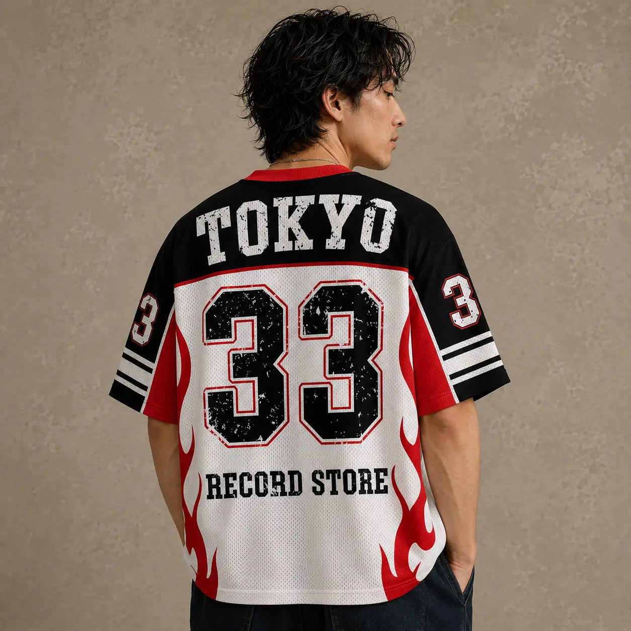 Tokyo Record Store Football Shirt Black White Red Flame 33 Chaosbornwear