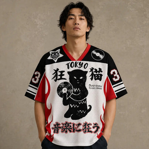 Tokyo Record Store Football Shirt Black White Red Flame 33 Chaosbornwear