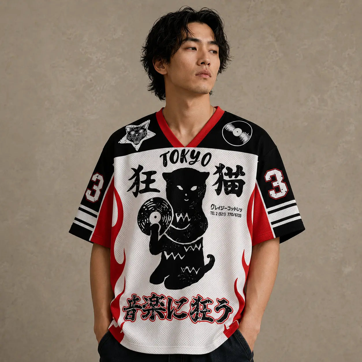 Tokyo Record Store Football Shirt Black White Red Flame 33 Chaosbornwear