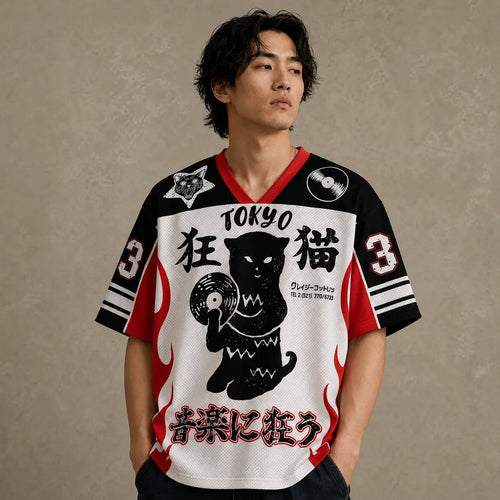 Tokyo Record Store Football Shirt Black White Red Flame 33 Chaosbornwear