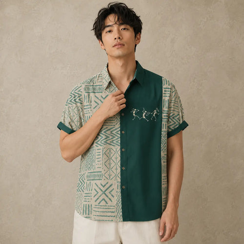 Tribal Shirt Mens Teal Split Panel Camp Collar Shirt Chaosbornwear