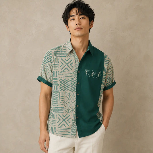 Tribal Shirt Mens Teal Split Panel Camp Collar Shirt Chaosbornwear