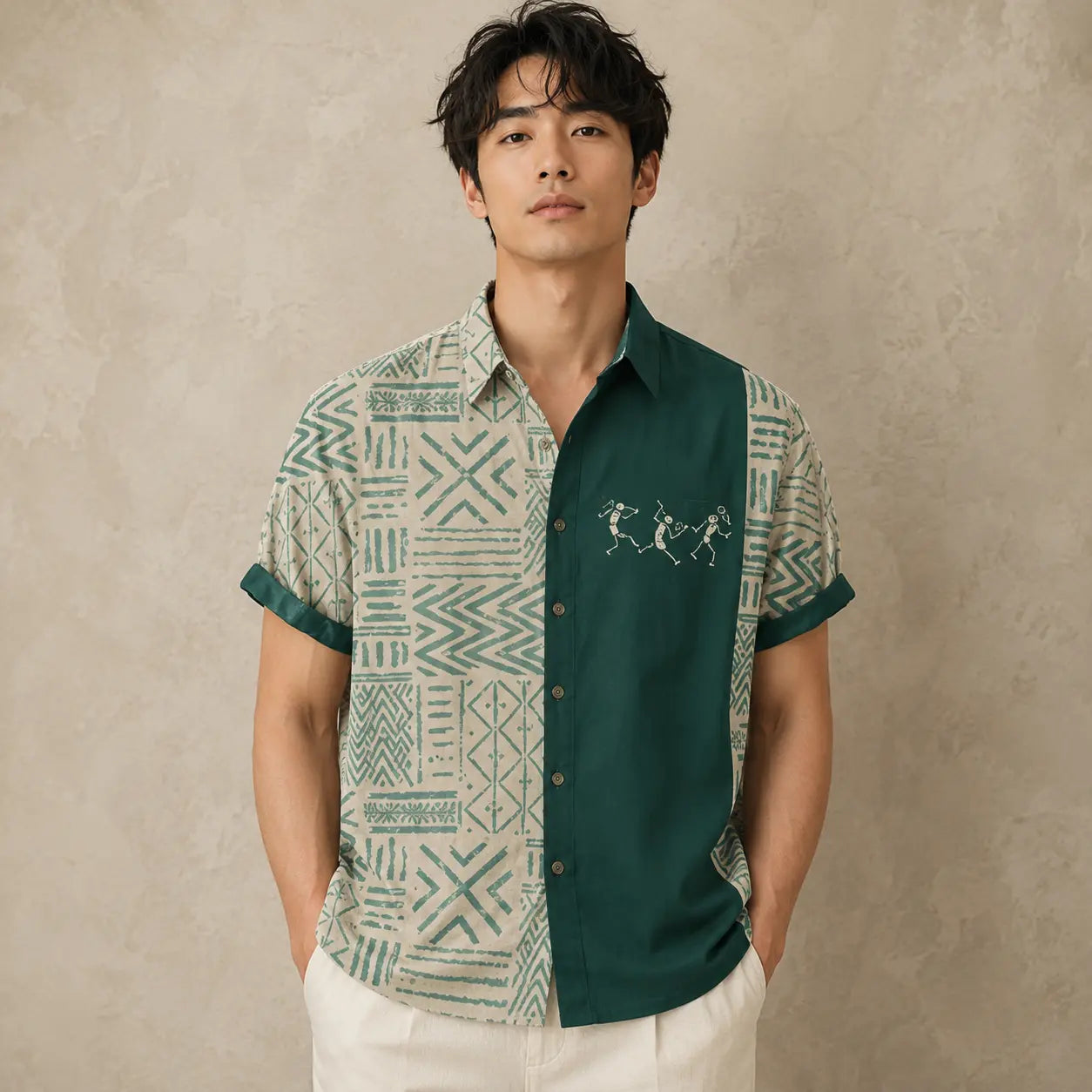 Tribal Shirt Mens Teal Split Panel Camp Collar Shirt Chaosbornwear
