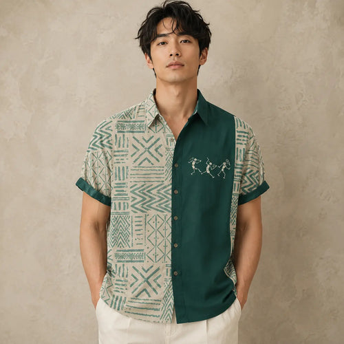 Tribal Shirt Mens Teal Split Panel Camp Collar Shirt Chaosbornwear