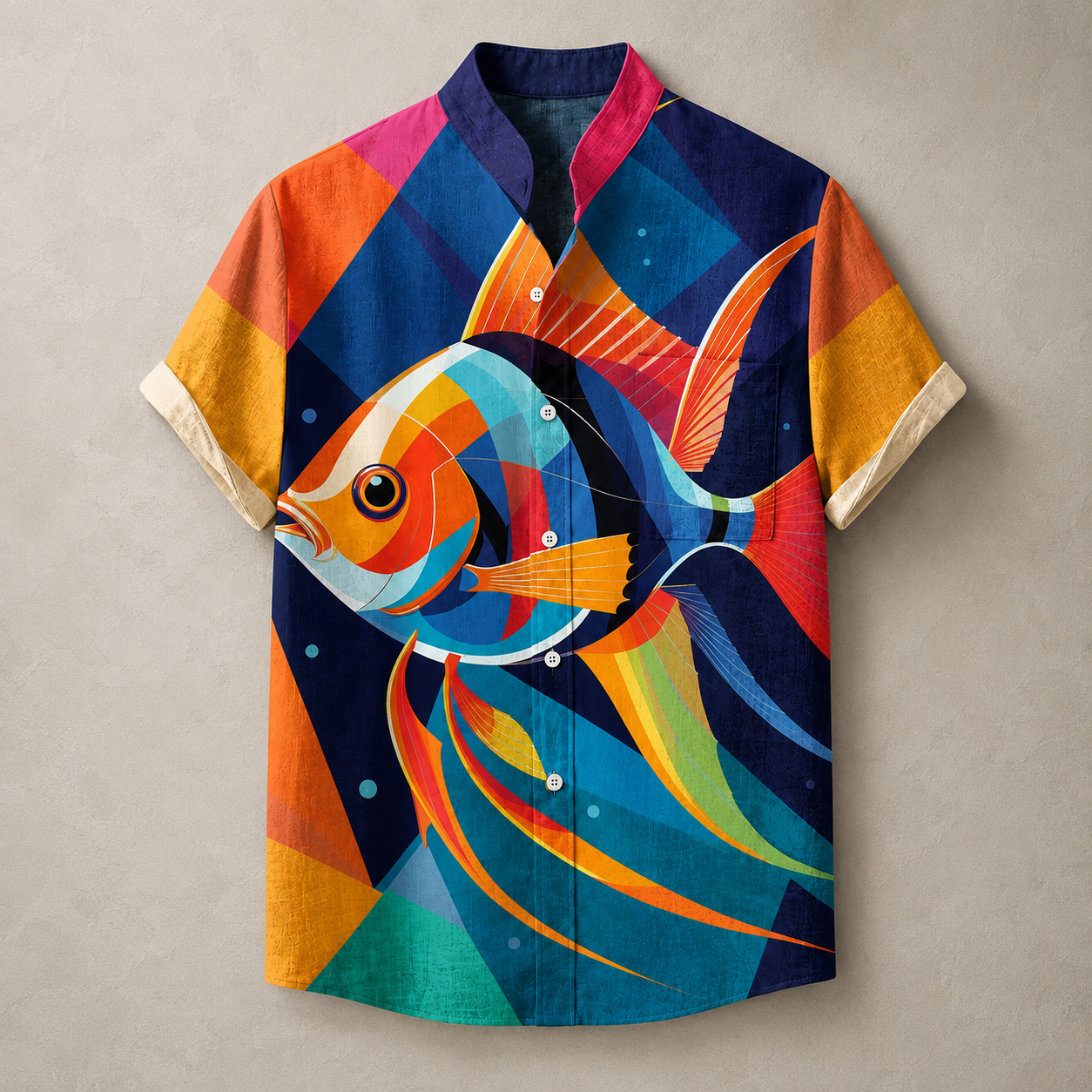 A short-sleeve button-up shirt with a vibrant, multicolored graphic print of a stylized tropical fish on a geometric background, displayed flat against a neutral textured gray background.