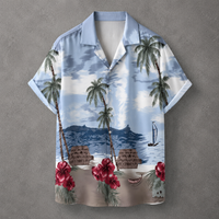 A short-sleeve button-up Hawaiian shirt with a tropical beach print, featuring palm trees, blue water, mountains, beach huts, and red hibiscus flowers, displayed against a textured gray background.