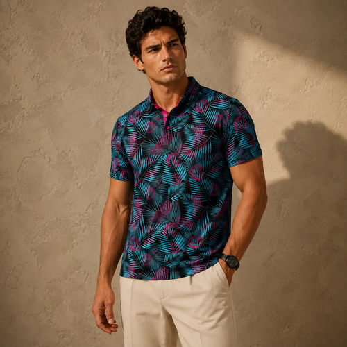 Man wearing a patterned shirt and beige pants against a textured wall.