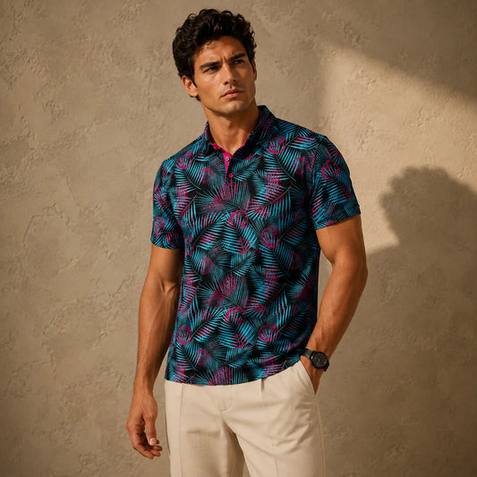 Man wearing a patterned shirt and light pants against a textured beige wall