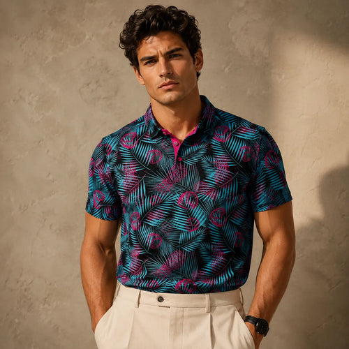 Man wearing a patterned shirt against a textured wall