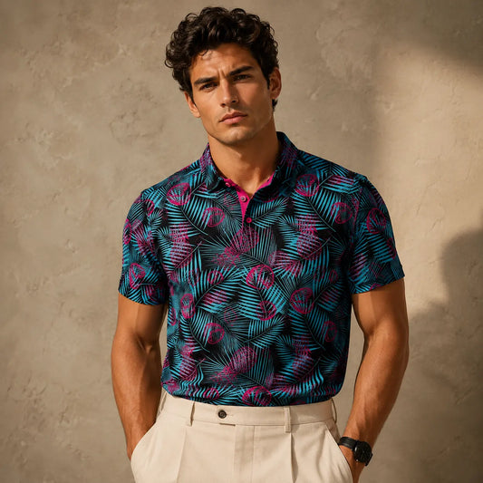 Man wearing a patterned shirt against a textured wall