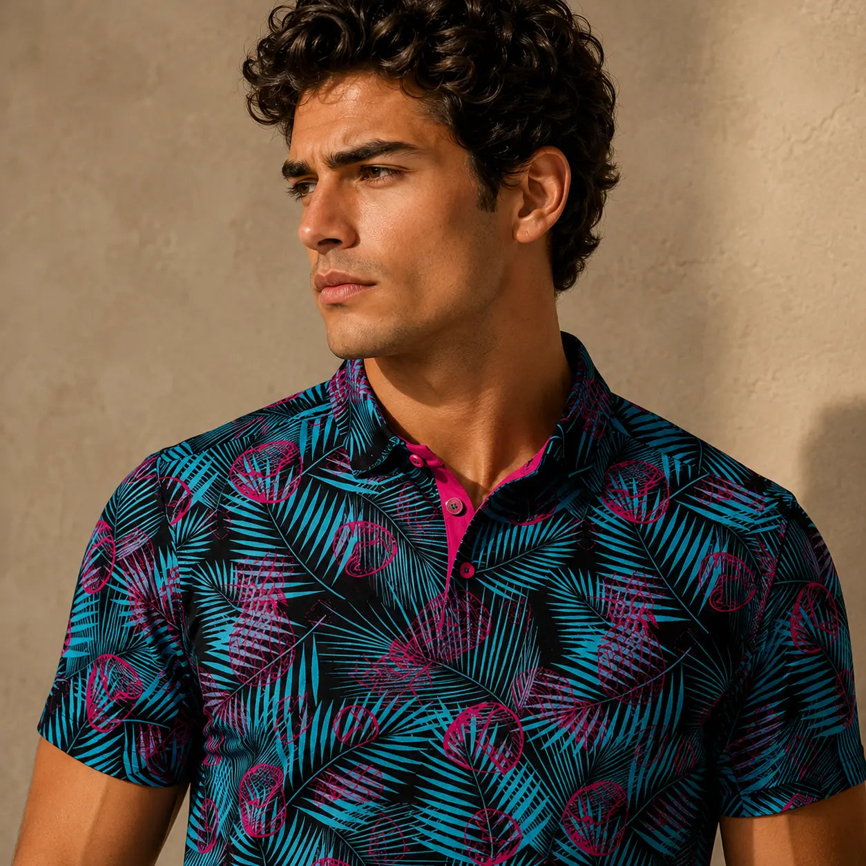 Man wearing a patterned shirt against a beige wall