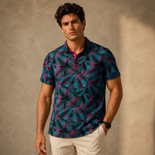 Man wearing a patterned shirt against a textured beige wall