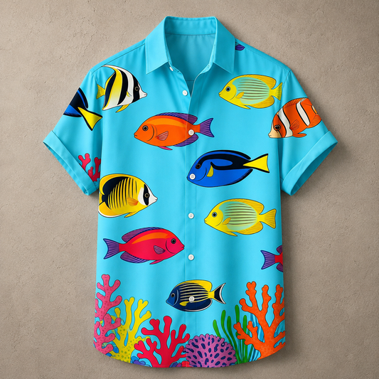 A short-sleeve button-up shirt in bright turquoise blue, covered with a colorful tropical fish and coral print, displayed flat against a textured beige background.