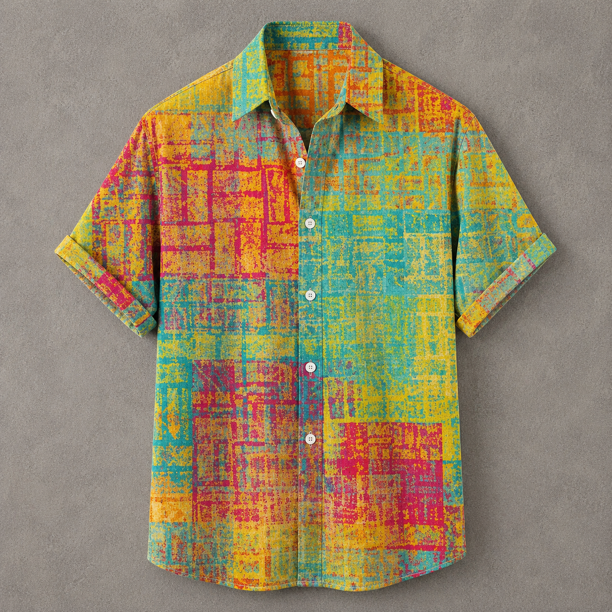 A short-sleeve button-up shirt with a colorful abstract geometric pattern in yellow, teal, pink, and orange, laid flat against a textured gray background.