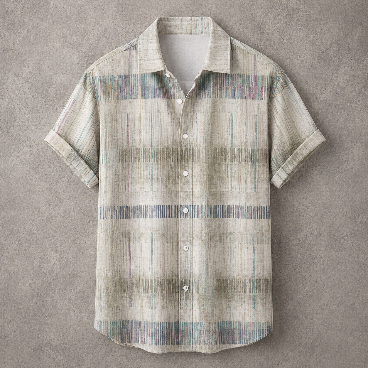 A short-sleeve button-up shirt with a textured, abstract plaid pattern in muted beige, gray, and soft blue tones, laid flat against a textured gray background.