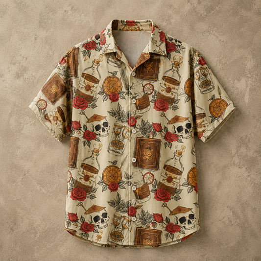 A short-sleeve button-up shirt with a vintage gothic occult print featuring skulls, roses, books, and apothecary bottles on a beige background, displayed flat against a textured beige wall.