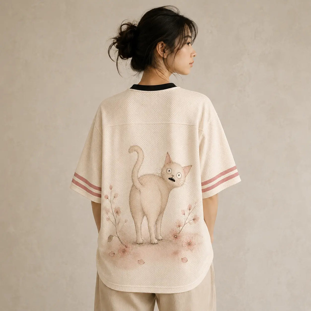 Wide Eyed Cat Jersey Shirt Cherry Blossom Fishbone Cream Chaosbornwear