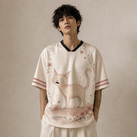 Wide Eyed Cat Jersey Shirt Cherry Blossom Fishbone Cream Chaosbornwear