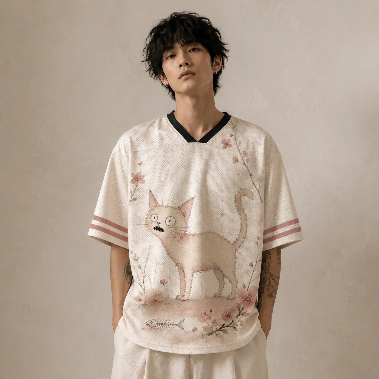 Wide Eyed Cat Jersey Shirt Cherry Blossom Fishbone Cream Chaosbornwear