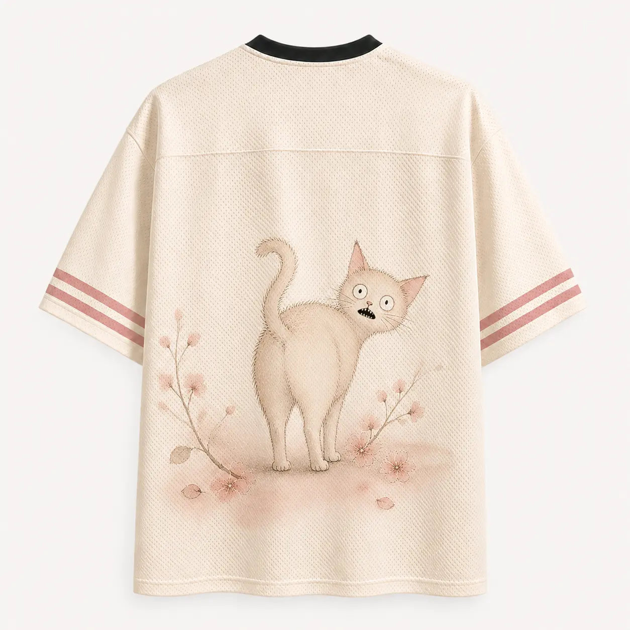 Wide Eyed Cat Jersey Shirt Cherry Blossom Fishbone Cream Chaosbornwear
