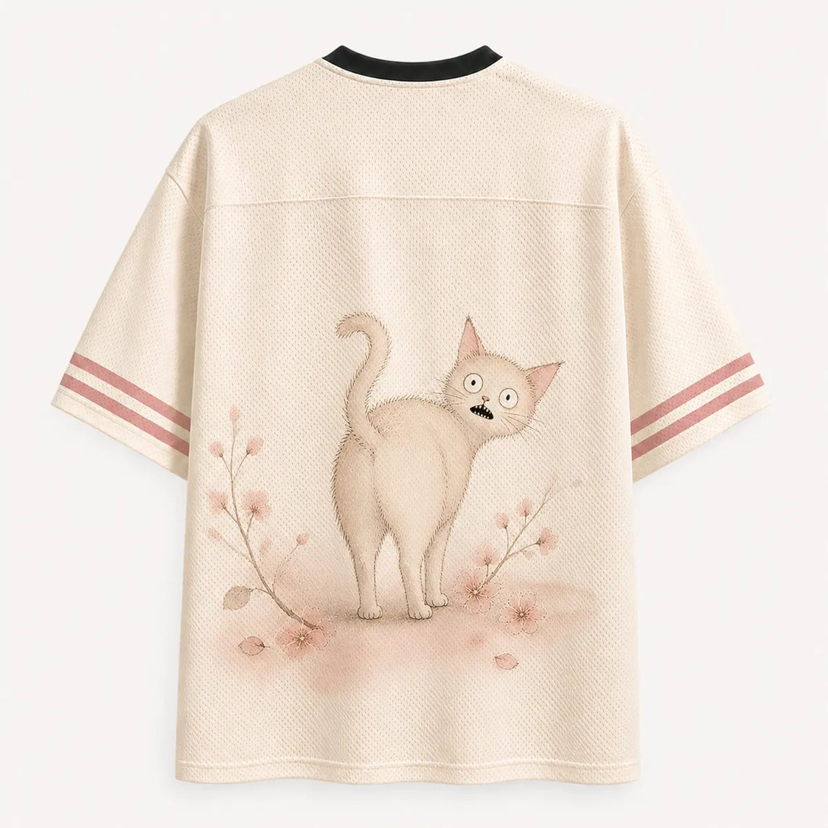 Wide Eyed Cat Jersey Shirt Cherry Blossom Fishbone Cream Chaosbornwear