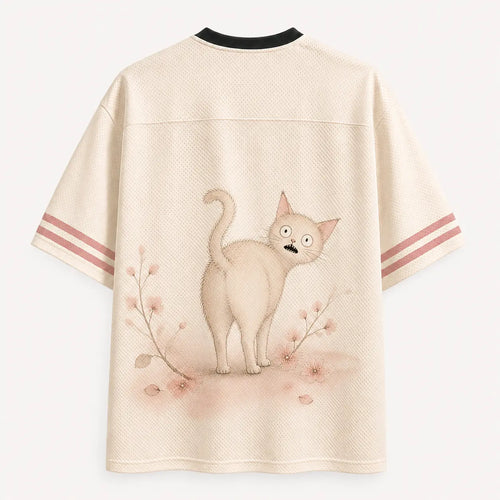 Wide Eyed Cat Jersey Shirt Cherry Blossom Fishbone Cream Chaosbornwear
