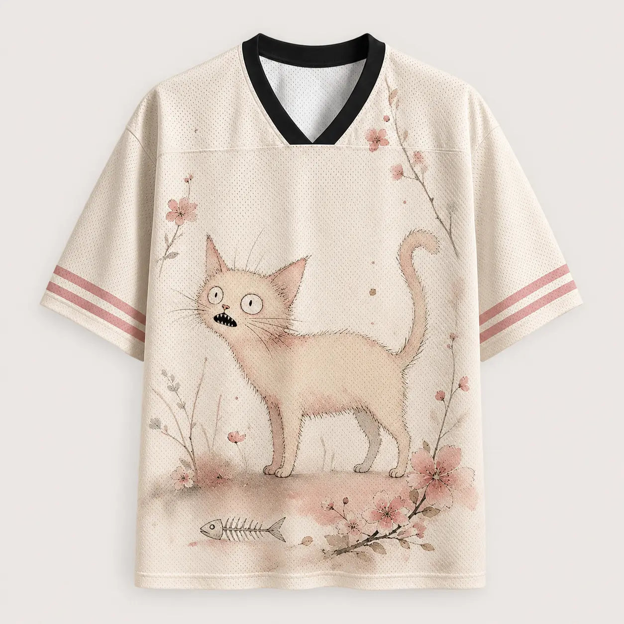 Wide Eyed Cat Jersey Shirt Cherry Blossom Fishbone Cream Chaosbornwear