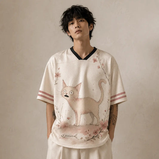 Wide Eyed Cat Jersey Shirt Cherry Blossom Fishbone Cream Chaosbornwear