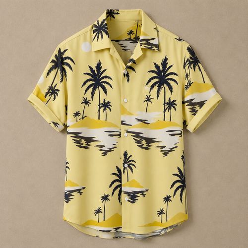 A short-sleeve button-up camp shirt in pale yellow with a black and white palm tree and beach landscape print, laid flat against a neutral beige background.