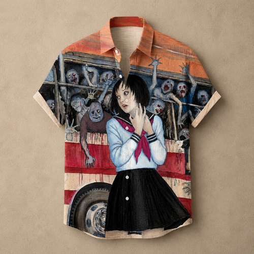 A short-sleeve button-up shirt with an all-over horror illustration print, featuring a girl in a sailor uniform standing in front of a bus with zombie faces, displayed on a textured beige background.